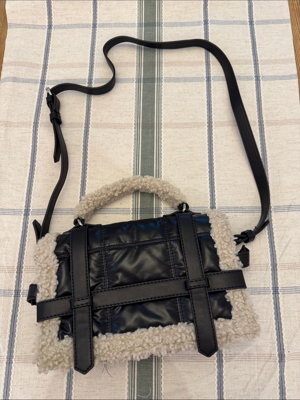 Zara Black Faux Leather Crossbody Bag with Cream Sherpa Trim
